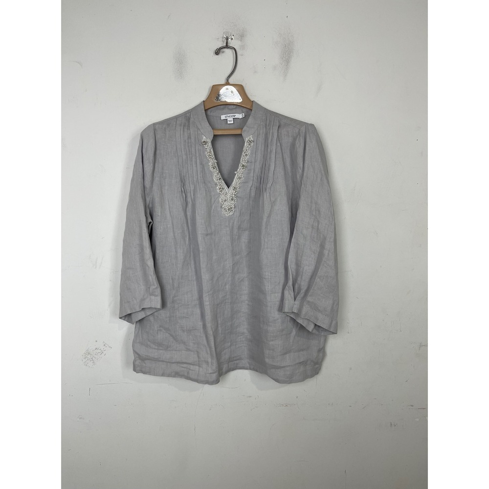 Chicos Linen Beaded V-Neck Tunic Top Gray 1.5 US 10 Pintuck 3/4 Sleeve Blouse